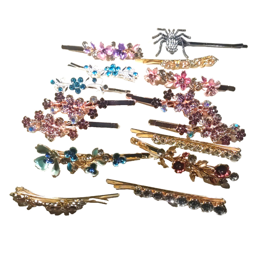 Lot Of 15 Fancy Bobby Pin Hair Barrettes Colorful Rhinestone